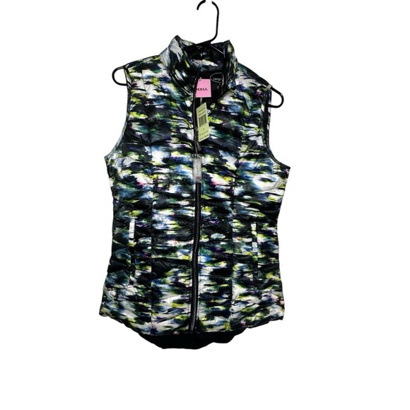 Tangerine Puffer Vest Packable Black Multi Color Watercolor Size Small Women’s - Picture 1 of 8